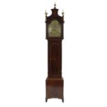 Mahogany three train longcase clock, the 12.5" brass arched dial signed Henry Swaine of Hilperton on