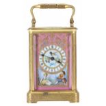 French porcelain panelled carriage clock timepiece, the movement back plate bearing a maker's