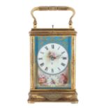 Fine Drocourt porcelain panelled repeater carriage clock with alarm, the movement back plate bearing
