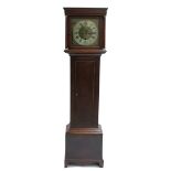 Mahogany eight day longcase clock, the 12" square brass dial with silvered chapter ring enclosing