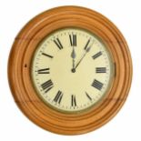 Oak single fusee 14" wall dial clock, within an unusual wide turned oak surround (no pendulum)