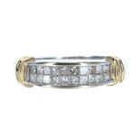 Modern 18ct bicolour diamond band ring, with two rows of princess-cut diamonds, 0.50ct, width 6mm,