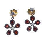 Pair of 9ct garnet and diamond flower earrings, 2.5gm, drop 18mm