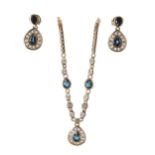 Modern 18ct yellow gold sapphire and diamond necklace with matching pear shaped earrings, the