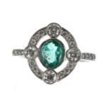 Platinum emerald and diamond oval dress cluster ring in the Art Deco style, the oval emerald 0.