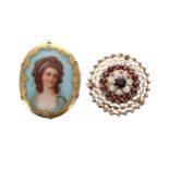 Attractive 9ct mounted oval porcelain pendant/brooch, painted with a portrait of a lady on a blue