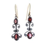 Pair of Victorian style garnet and diamond drop earrings with 9ct hook backs, 3gm, 38mm