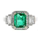 Fine quality Art Deco style 18ct white gold emerald-cut emerald and diamond cluster ring with