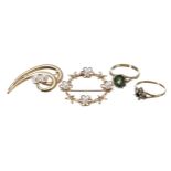 Two 9ct stones set rings and two 9ct pearl set brooches, 12.8gm in total, the larger brooch 39mm (4)
