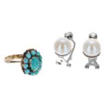 Gold turquoise set oval cluster ring, 15mm, ring size L; with a pair of white gold pearl and diamond