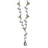 Pretty peridot, amethyst and diamond necklace, on a 9ct chain, 5.6gm
