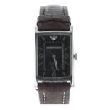 Emporio Armani stainless steel wristwatch, reference no. AR-0147, black dial, brown leather strap,