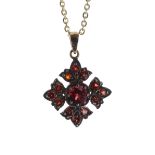 Antique style garnet cluster pendant on a silver-silver fine chain, 3.5gm, the pendant 17mm