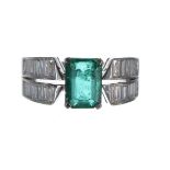 Impressive 18ct white gold emerald and diamond ring, the emerald 1.70ct approx, with split shoulders