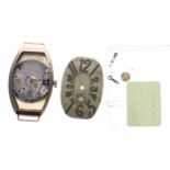 15ct rectangular curved gentleman's wristwatch for repair, import hallmarks London 1913, 15 jewel,