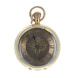 18ct lever engraved fob watch, gilt engraved foliate dial, 13 jewel movement, no. 4429, 28.4gm, 33mm