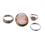 Platinum wedding band ring, 3.8gm, 3mm, ring size N; 9ct rose gold ring, 2.2gm; stone set ring