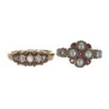 Two attractive 9ct stone set rings including a seed pearl and garnet example, 4.9gm (2)