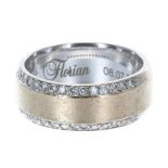 18ct wide band ring with diamond edges, engraved to the inside 'Florian 08.07.2012', width 7.5mm,