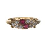 Antique 18ct ruby and diamond cluster ring, width 6.5mm, 4gm, ring size N (at fault)