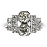 Art Deco style platinum diamond ring, set with two central diamonds and diamonds to the sides, the