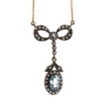 Attractive antique style blue topaz and seed pearl bow design pendant on a fine 9ct chain, 4.6gm,