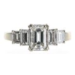 Good 18ct white gold five stone emerald-cut diamond ring, the centre diamond 1.00ct approx,