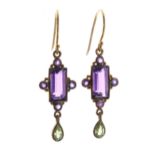 Pair of 9ct amethyst and period drop earrings in the antique style, 2.9gm, 40mm