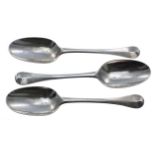 Three George I Hanoverian pattern rat tail silver table spoons, maker Charles Jackson, London