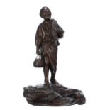 Good large Japanese bronze figure of a fisherman, carrying nets and a basket, modelled standing on a