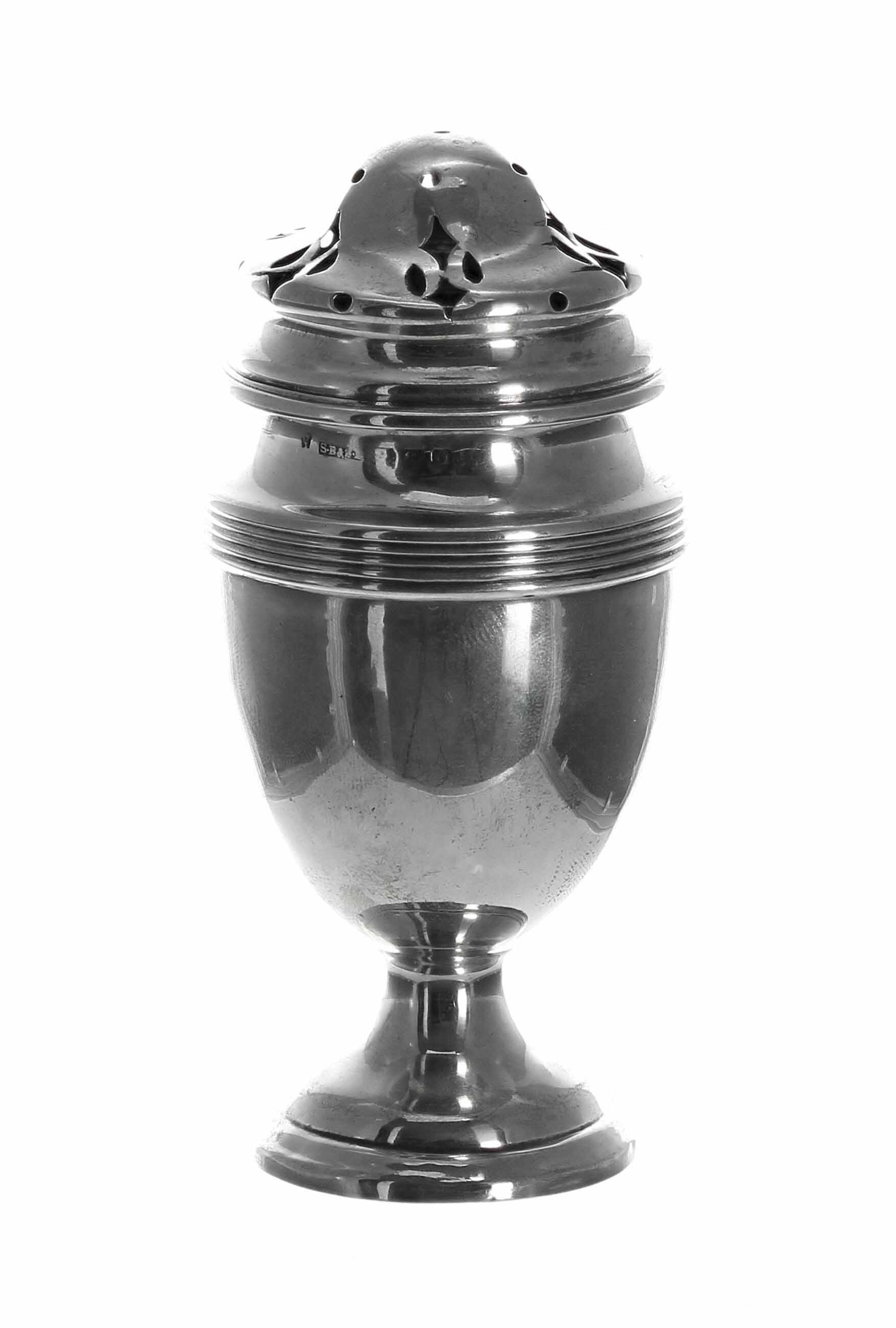 George V silver caster, with pierced cover vase shaped body, maker S. Blackensee & Sons Ltd.,