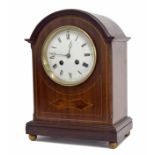 Mahogany inlaid two train arch top mantel clock, 4.5" enamel dial, the back plate stamped no. 1331