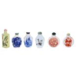 Selection of six Chinese painted porcelain and glass scent bottles with stoppers, tallest 3" high (