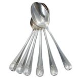 Set of six George V Hanoverian pattern rat tail silver dessert spoons, each with monogrammed