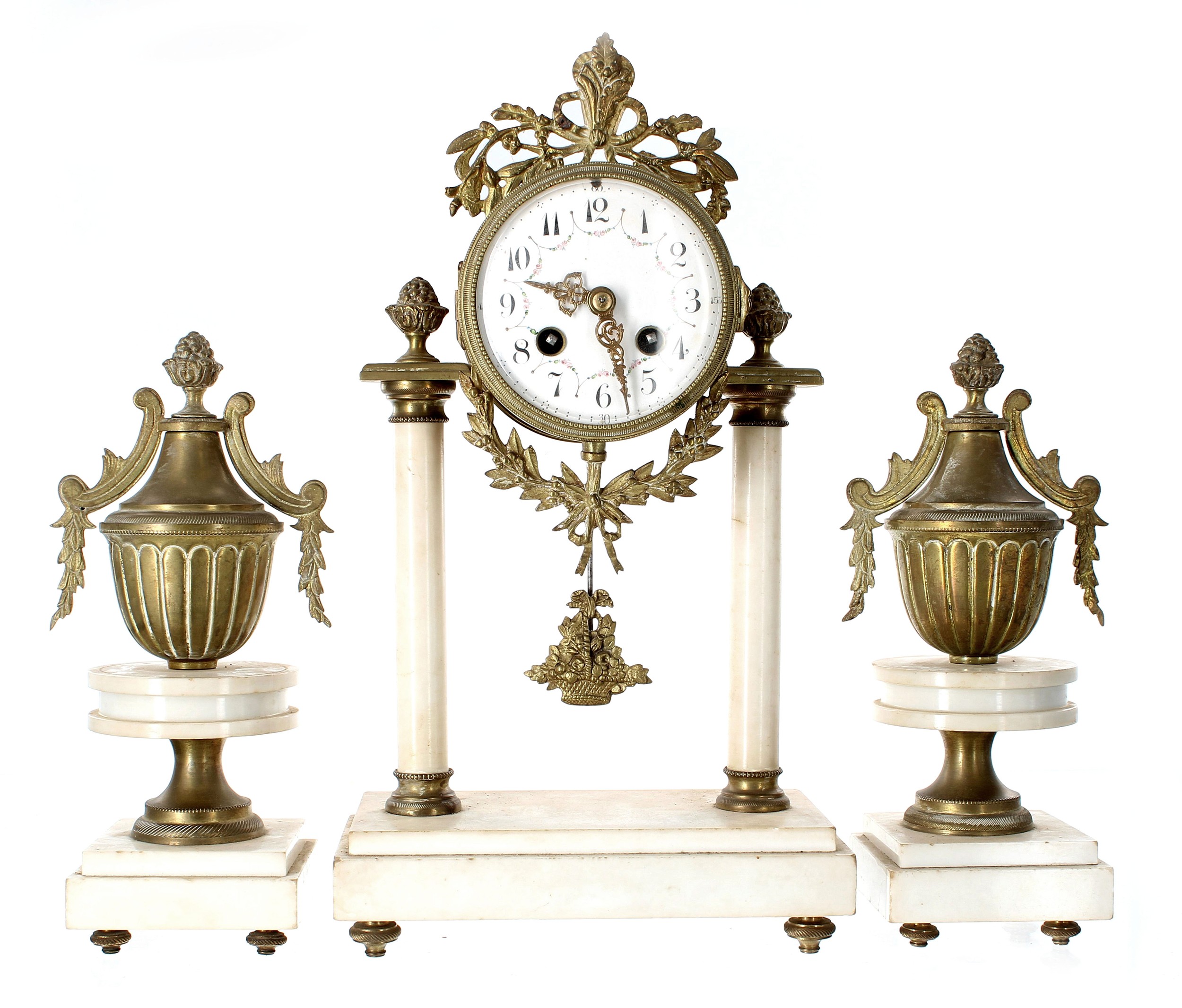 Decorative French gilt metal and white marble two train portico mantel clock garniture, the 3.75"