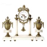 Decorative French gilt metal and white marble two train portico mantel clock garniture, the 3.75"