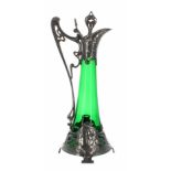 WMF Art Nouveau green glass and pewter claret jug, the 'Ladies Head' Model designed by Albert