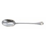 George I silver Hanoverian pattern rat tail basting spoon, with an engraved knight crest beneath the