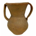Ancient Chinese terracotta stoneware primitive twin handled vessel, with incised reeded decoration