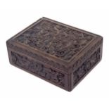 Good quality carved hardwood box, possibly padouk, the top and sides with carved scrolling foliate