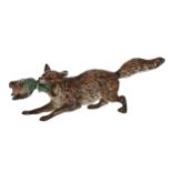 Austrian cold painted bronze of a fox with duck, 5" wide, 1.5" high