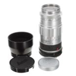 Leica 90mm f/2.8 Elmarit silver camera lens,  no. 1760644, with UV filter and hood, catalogue no.