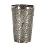 Eastern white metal beaker, the straight sides with close repousse foliate scrolling decoration to