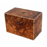 19th century rectangular tortoiseshell tea caddy, the hinged cover enclosing a divided interior with