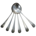 Set of six George V Old English pattern silver soup spoons, each with monogrammed handles, maker