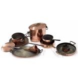 Selection of assorted copper pans, saucepans and pots etc