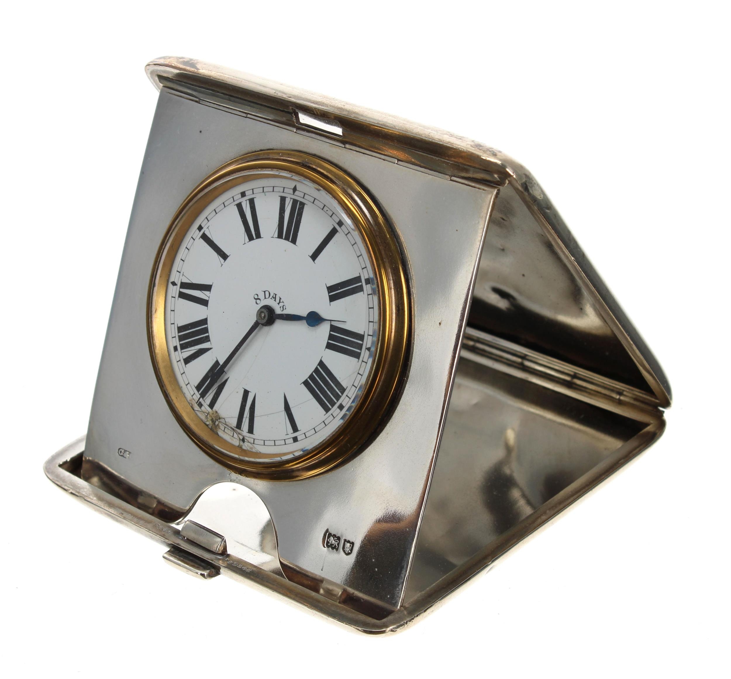 George V folding silver cased travelling eight day clock, within an engine turned cigarette case, - Image 5 of 6