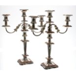 Pair of Sheffield plate three branch candelabra, 18" high