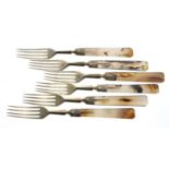Set of six quality Victorian silver gilt and agate handled forks, maker Chawner & Co. London 1861,