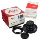 Leica lens Summicron 1.2/35 camera lens, no. 2446554, in black, with hood, original box, with